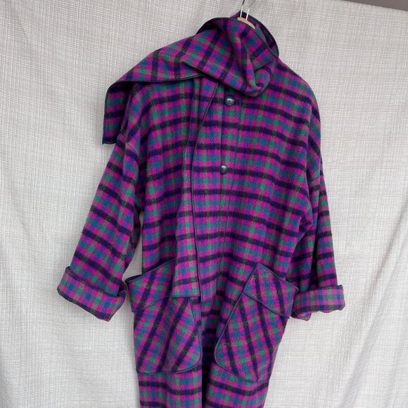 VINTAGE Rare Eclectic Scoat Scarf Coat Plaid Mohair Dead Stock Oversized… - Picture 5 of 16